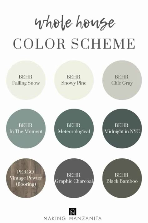 Choosing the right paint color for your house is hard. It's even harder to choose ALL the paint colors for your whole house color scheme so that they look cohesive and the color scheme flows from room to room. Farmhouse Coordinating Paint Colors, Behr Paint Schemes Whole House, Whole House Paint Colors Green, Color Schemes For Whole House, Calming Whole House Paint Scheme, Color Pallets For The Home 2023, Whole House Coordinating Paint Colors, Behr Paint Whole House Color Scheme, Color Palette For Whole House