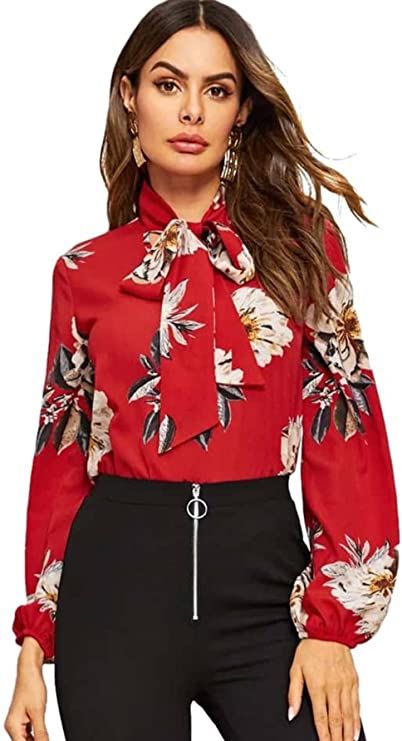 Chiffon Tops Blouses Classy, Elegant Style Outfits, Formal Blouses, Neck Flower, Chiffon Tops Blouses, Flower Print Blouse, Lantern Sleeved Blouses, Leopard Fashion, Be Authentic