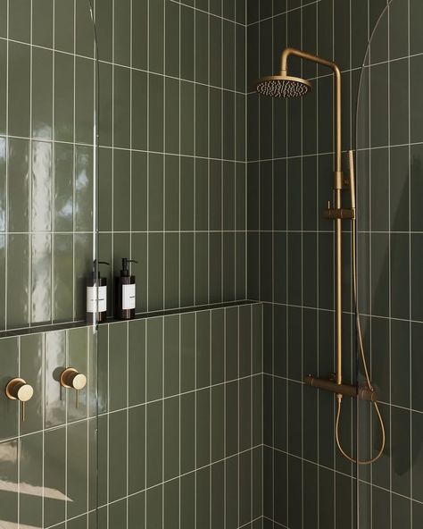 bathroom inspiration • Instagram Green Tile For Bathroom, Dark Green Subway Tile Bathroom, Green Tile Tub Surround, Dark Green Tile Shower Ideas, Green Tiled Bathrooms Ideas, Green Vertical Tile Bathroom, Green Zellige Tile Bathroom, Olive Green Subway Tile, Green Tile Shower Bathroom