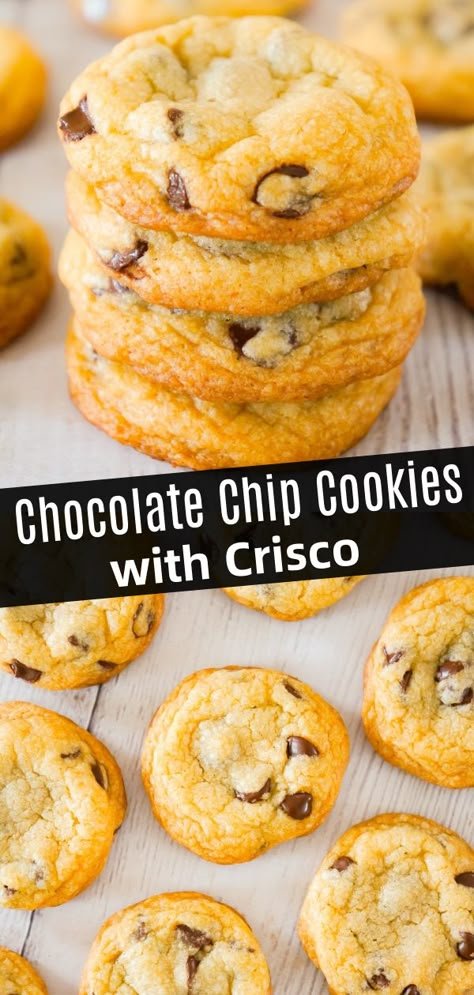 Chocolate Chip Cookies with Crisco is an easy homemade chocolate chip cookie recipe using golden Crisco and loaded with semi-sweet chocolate chips. Chocolate Chip Cookies With Crisco, Cookies With Crisco, Crisco Chocolate Chip Cookies, Crisco Cookies, Crisco Recipes, Butter Desserts, Homemade Chocolate Chips, Homemade Chocolate Chip Cookies, Cookie Recipes Unique