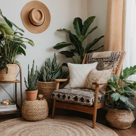 ⚠️LINK IN BIO⚠️ A serene bohemian reading nook with a cozy armchair, lush greenery, and a delightful mix of textures and patterns for a relaxing atmosphere. #ReadingNook #Bohemian #Cozy #Plants #Textures Boho Chairs Living Room, Patio Reading Nook, Boho Reading Nook, Cozy Armchair, Neutral Bohemian, Boho Chair, Inspired Bedroom, Cozy Chair, Guest Room Office