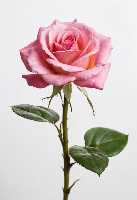 Premium Photo | Wet pink rose flower on white background Close Up Rose Photography, Rose Reference Photo, Pink Rose Photography, Flowers Reference Photo, Flower Reference Photo, Roses White Background, Rose White Background, Rose On Stem, Rose Flower Background