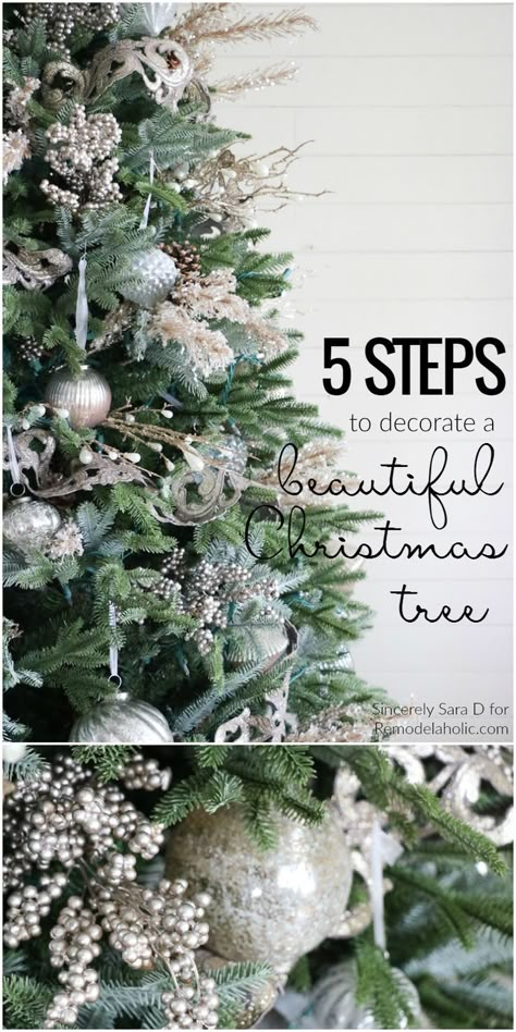 How to Decorate a Christmas Tree, in Just FIVE Steps! A beautiful well-decorated Christmas tree might look daunting, but this 5-step process will help you make it catalog-worthy, whether your style is more sparkly glam or more cottage rustic. Details from Decorate A Christmas Tree, Silver Christmas Decorations, Cottage Rustic, Farmhouse Christmas Tree, Christmas Tree Decorations Diy, Gold Christmas Decorations, Christmas Tree Decorating, Ribbon On Christmas Tree, Christmas Tree Inspiration