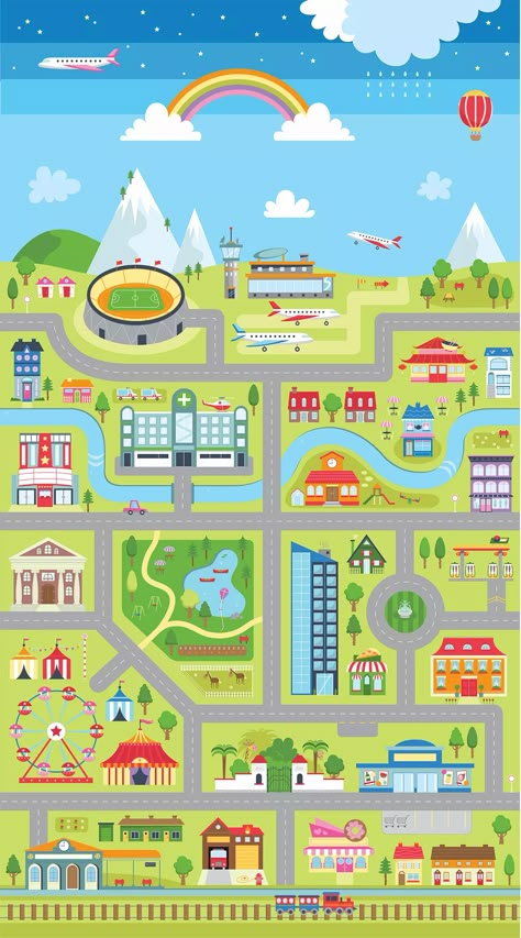 Hobon Printing: Town Play Mat | Mazes, Maps and Towns Town Drawing, Emotions Preschool, Cartoon Map, Perjalanan Kota, Breakup Picture, Map Activities, Preschool Colors, Maps For Kids, Seni Dan Kraf