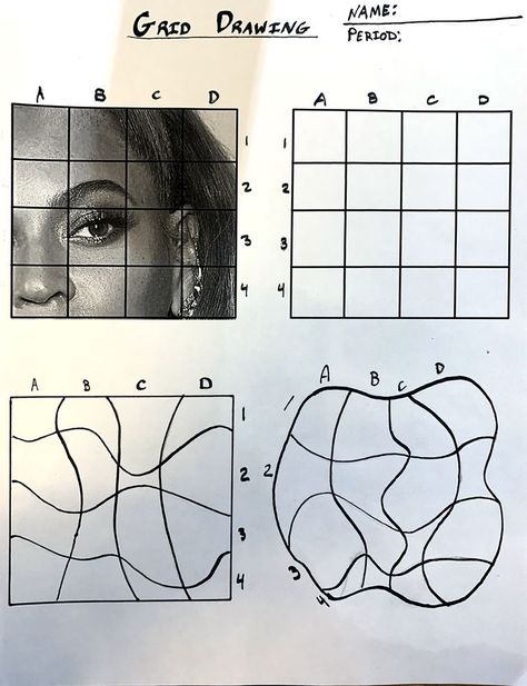 Wonky Grid Drawing, High School Drawing Projects Ideas, Intro To Drawing, Grid Drawing Portrait, High School Art Projects Lesson Plans, Art Project Ideas High School, Grid Method Drawing, Grid Drawing Ideas, Grid Drawing Worksheet