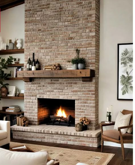 Brick Fireplaces Ideas Living Rooms, Tan Brick Fireplace, Natural Brick Fireplace, Living Room Brick Fireplace, Brick Fireplace Modern, Brick Fireplace Living Room, Fireplace Ideas Stone, Fireplace Stone Ideas, Fireplace Brick Wall