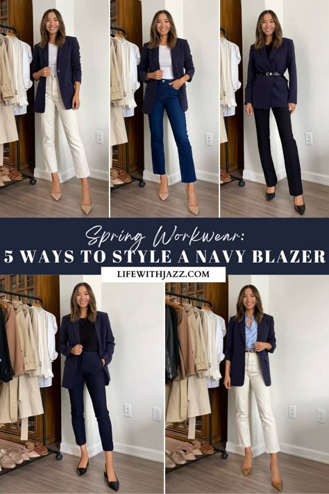 Styling a Navy Blazer for Spring [+VIDEO] - LIFE WITH JAZZ Blue Blazer Business Casual, Styling Navy Blazer Women, Outfits With Blue Blazers Women, How To Wear A Blue Blazer, Outfit With Navy Blue Blazer, Blue Navy Blazer Outfits For Women, Navy Blazer Styling, How To Style A Blue Blazer, What To Wear With A Navy Blazer