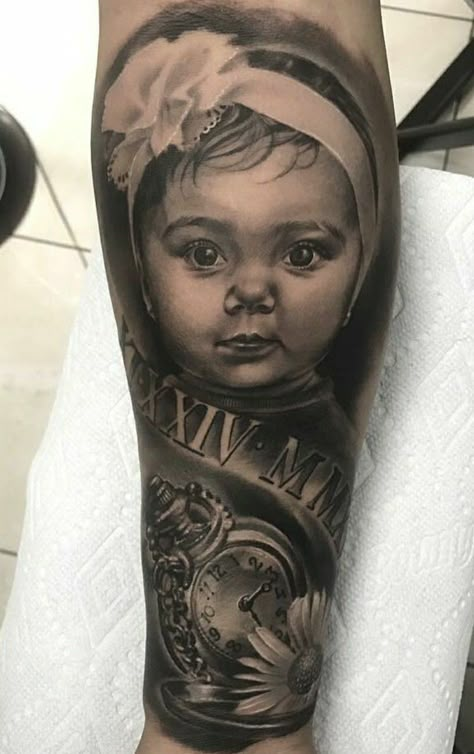 Son Portrait Tattoo Ideas, Half Sleeve Portrait Tattoo, Calf Portrait Tattoo, Mom And Daughter Portrait Tattoo, Face Portrait Tattoo Sleeve, Daughter Portrait Tattoo Ideas, Portrait Tattoo On Leg, Memorial Portraits Tattoos, Rip Portrait Tattoo Ideas