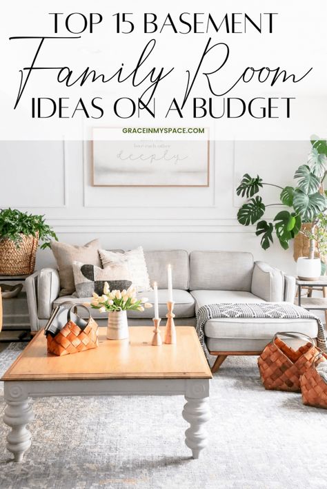 Do you want to create a cozy basement family room? Here are 15 basement family room ideas on a budget! Plus, I styled my curated collection for you. #basementfamilyroom #familyroomdecor #basement #basementideas #familyroomideas #budgetbasementmakeover Basement Family Room Inspiration, Decorating A Basement Family Room, Rec Room Wall Decor Ideas, Basement Den Ideas Cozy Living, One Room Basement Ideas, Small Living Room Basement, Family Rec Room Ideas, Farmhouse Basement Family Room, Basement Den Decorating Ideas