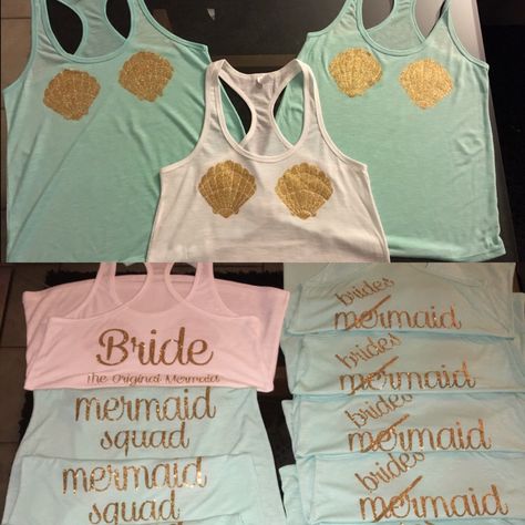 Mermaid bachelorette party bridesmaids seashells tank top women's shirts Mermaid Bachelorette Party, Mermaid Bridal Showers, Mermaid Bachelorette, Gold Experience, Mermaid Squad, Mermaid Bride, Disney Bachelorette, Bachelorette Tanks, Awesome Bachelorette Party