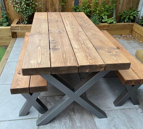 Wooden Outdoor Table, Unique Dining Table, Reclaimed Dining Table, Dining Table Bench, Wooden Garden Table, Bench Garden, Unique Dining Tables, Table And Bench Set, Outdoor Tables And Chairs