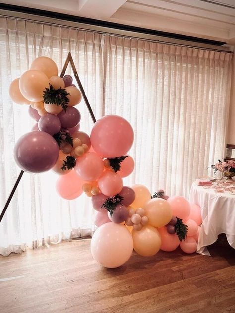 Triangle Arch Balloon Garland, Triangle Arch With Balloons, Triangle Backdrop With Balloons, Triangle Balloon Arch, Small Balloon Garland Above Table, Lavender Balloon Garland, Triangle Arch Valentines, Triangle Arch With Neon Sign, Triangle Stand