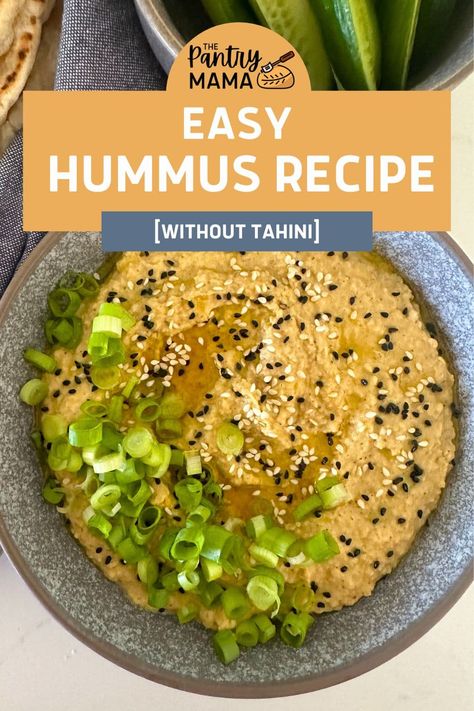 Easy hummus recipe without tahini that's way better than store bought! Serve this easy tahini free hummus with sourdough pita chips! No Tahini Hummus Recipe, Low Sodium Hummus Recipe, Tahini Free Hummus Recipe, Easy Hummus Recipe Without Tahini, Greek Hummus Recipe, Homemade Hummus Without Tahini, Garbanzo Recipes, Hummus Recipe With Tahini, Hummus Recipe Without Tahini