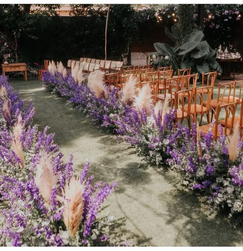 Purple Wedding Isles Decoration, Lavender Wedding Ceremony Decor, Lavender Fairy Wedding, Tangled Wedding Theme Color Schemes, Lavender Aisle Decor, Wedding Ideas Tangled, Lavender And Copper Wedding, Purple Whimsical Wedding, Lavendar Wedding Aesthetic