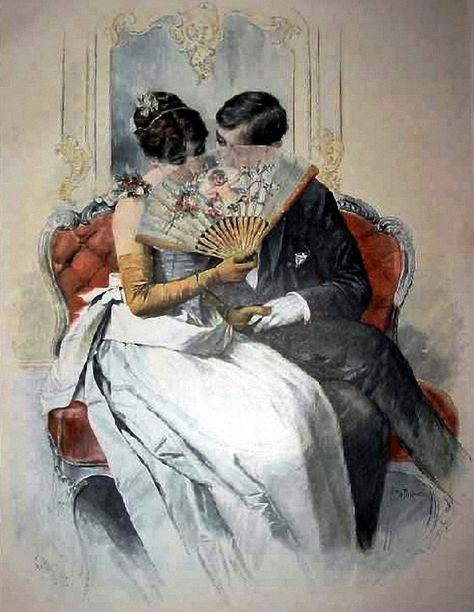 Behind The Fan, c.1900 Lady Windermere's Fan, Regency Ballroom, Victorian Illustration, Victorian Gentleman, Victorian Couple, Victorian Paintings, Couple Painting, Hand Fans, Victorian Art