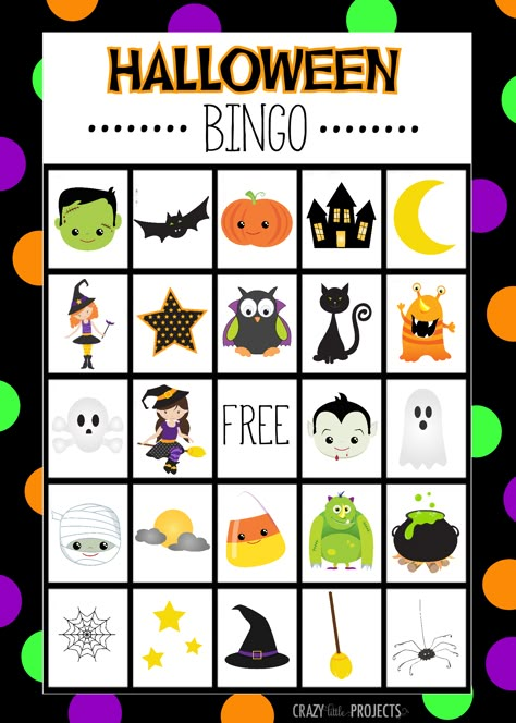 Free Printable Halloween Bingo Cards by Crazy Little Projects Halloween Bingo Free, Kindergarten Halloween Party, Halloween Bingo Printable, Halloween Bingo Game, Halloween Bingo Cards, Diy Halloween Party, Classroom Halloween Party, Halloween Class Party, Free Printable Halloween