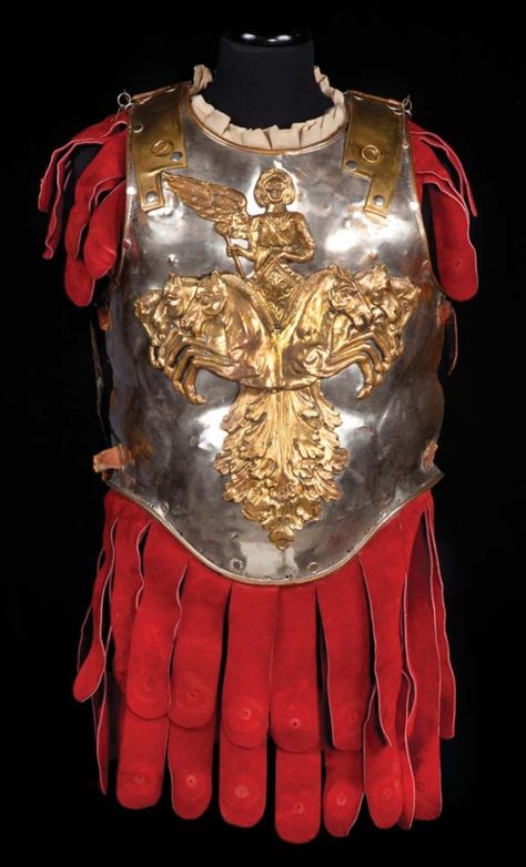 Royal Guard interlocking torso armor of hand-hammered metal and crimson suede from Ben-Hur. (MGM, 1959) Knight Breastplate, Torso Armor, Breastplate Armor, Roman Armor, Roman Costume, Helmet Armor, Ben Hur, Roman Army, Roman Legion