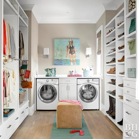 Washer And Dryer In Clothes Closet, Laundry With Closet, Closet And Laundry Room Ideas, Storage Bottom Of Closet, Laundry Room With Clothes Storage, Closets With Laundry Room, Master Laundry Room, Laundry Room With Closet Storage, Closet And Laundry Room Combo