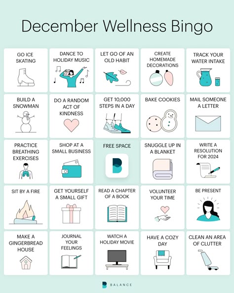 Holiday Wellness Bingo | The Balance App December Health Challenge, December Self Care Calendar, Wellness Bingo, Mindfulness Bingo, Journal Bingo, Mindfulness Advent Calendar Tasks Free, Holiday Self Care, December Goals, Holiday Mental Health