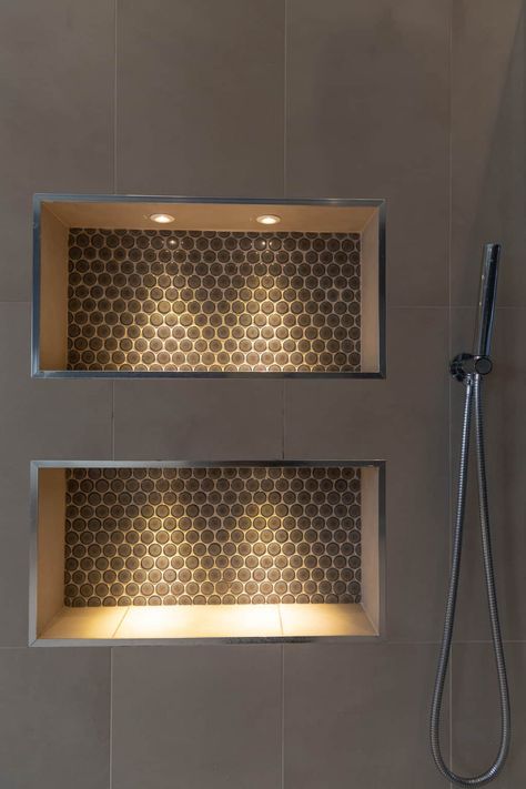 Niche lighting Bathroom Niche Design, Storage Decor Ideas, Bathroom Niche Ideas, Tile Shower Niche, Wall Niches, Designs For Living Room, Bathroom Niche, Bathroom Tips, Storage Decor