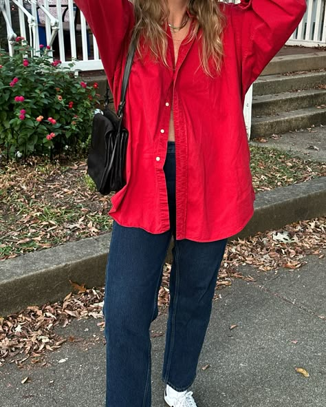 the perfect red button up 🙌🏼 @badtouristvintage Fall outfit ideas, fall style inspo, vintage style, oversized shirt, sustainable style Red Linen Shirt Outfit, Red Button Up Outfit, Red Button Down Shirt Outfit, Vintage Button Up Shirt Outfits, Open Button Down Shirt Outfit, Red Button Up Shirt Outfit, Red Oversized Shirt, Style Inspo Vintage, Red Shirt Outfits