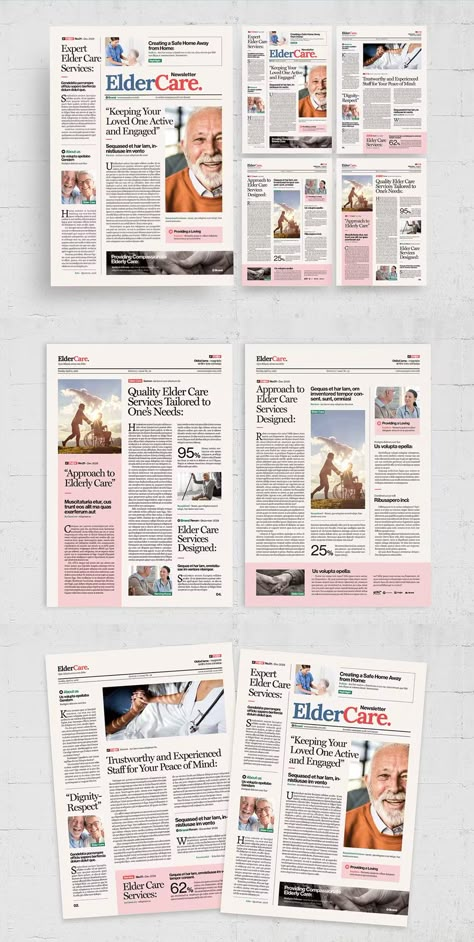 Elder Care Newsletter Template A4 InDesign INDD Indesign Newsletter Layout, Newsletter Layout Template, Newsletter Layout Ideas, Printed Newsletter Design, Newsletter Ideas Design, Newsletter Design Layout Templates, University Newsletter, Print Newsletter Design, Newspaper Design Ideas