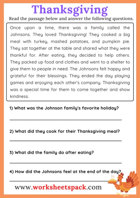 Thanksgiving Reading Comprehension Passage - worksheetspack Thanksgiving Reading Comprehension Free, Grade 5 Reading Comprehension Worksheets, Thanksgiving Story For Kids, Reading Comprehension Passages Free, Grade 5 Reading, Phonic Reading, Speaking Questions, Thanksgiving Reading Comprehension, English Comprehension