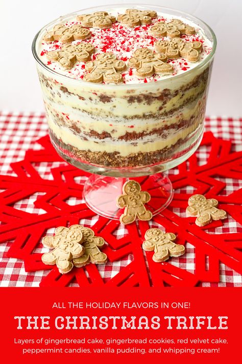 This Christmas Trifle Recipe is the ultimate Holiday Dessert! The Christmas Trifle is made with all the flavors of the holiday season, gingerbread, gingerbread cookies, red velvet, peppermint, vanilla pudding, and whipping cream! There are so many delicious elements to this dessert, it is sure to be a family favorite! The beauty of trifles is that they are easy to assemble and even easier to serve! Gingerbread Triffle Recipes, Gingerbread Trifle Desserts, Eggnog Trifle Recipe, Sugar Cookie Trifle, Holiday Parfait Desserts, Peppermint Trifle Desserts, Chocolate Orange Trifle, Vanilla Trifle Desserts, Gingerbread Trifle Christmas