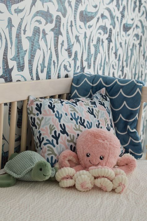 Fun and playful with an elevated feel, this coastal inspired "Under the Sea" nursery is full of patterns and prints that come together for the perfect little girl's nursery! Featuring products from @spoonflower @society6 @babyletto and @potterybarnkids Neutral Nursery Theme Ideas, Nursery Themes Under The Sea, Under The Sea Neutral Nursery, Boho Under The Sea Nursery, Underwater Nursery Theme Girl, Water Theme Nursery, Aquatic Themed Nursery, Deep Sea Nursery, Girl Under The Sea Nursery