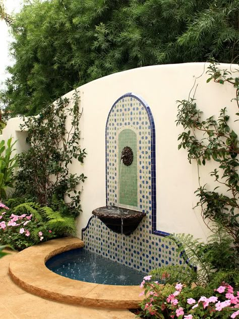 Spanish fountain Spanish Tile Patio Outdoor Areas, Tile Courtyard, Spanish Mosaic, Spanish Fountain, Fountain Tile, Courtyard Fountain, Stucco Wall, Spanish Courtyard, Fountain Ideas