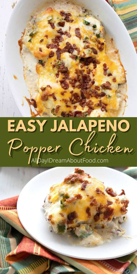 This creamy Jalapeño Popper Chicken is an easy and flavorful family dinner. Ready in 45 minutes, it has all the flavors of your favorite appetizer in a low carb, keto friendly casserole. Jalapeno Bacon Chicken, Jalapeño Chicken Bake, Low Carb Jalapeño Popper Chicken Bake, Slow Cooker Jalapeno Popper Chicken, Dishes With Jalapenos, Easy Dinner Recipes With Cream Cheese, Cream Cheese Jalapeno Chicken, Jalapeño Cream Cheese Chicken, Jalapeño Stuffed Chicken Breast