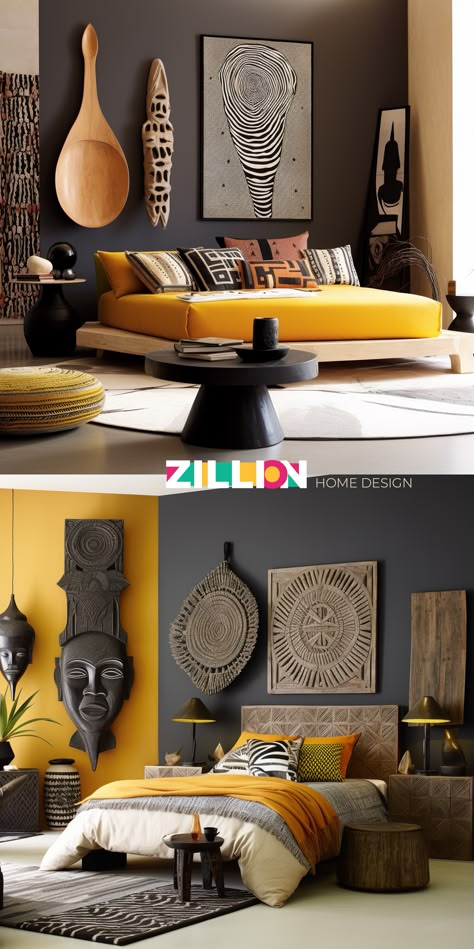 Afro Carribean Interior Design, African Inspired Bedroom Ideas, African Style Bedroom Ideas, Colorful African Decor, Afrofuturism Interior Design, Afro Boho Decor African Interior, African Inspired Interior Design, African Airbnb, Afrocentric Living Room Ideas