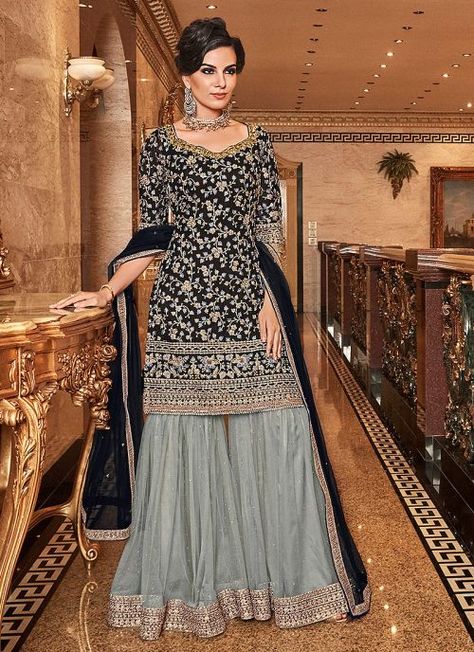 Black and Grey Embroidered Gharara Suit Pakistani Sharara, Orang India, Gharara Suits, Sharara Designs, Desi Fits, Gaun Fashion, Desi Outfits, Salwar Kamiz, Pakistani Clothes