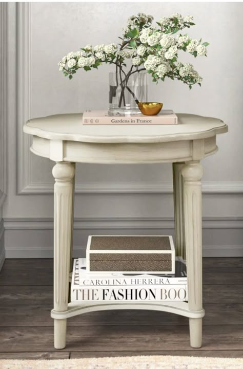 Accent Tables Bedroom, End Tables Farmhouse Living Room, Modern Farmhouse Side Table Living Room, French Country Side Tables In Living Room, Side Table Transitional, Round End Tables Living Room Farmhouse, White End Tables Bedroom, Circle End Table Decor, Classic End Tables