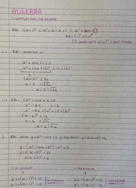 Six Grade Math Notes, Factorising Notes, Aesthetic Math Homework Ideas, Algebra 3 Notes, Math Notes High School Aesthetic, College Algebra Notes Aesthetic, Completing The Square Notes, Maths Notes Layout, Math Notes Grade 9