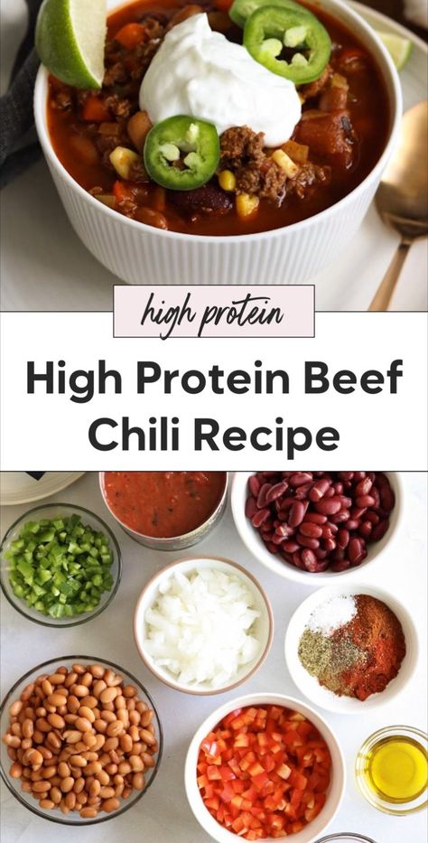 Make these high protein beef chili recipe for a healthy chili that’s perfect for a weeknight dinner. Featuring chili with ground beef, beans, lean ground beef, and corn, this high protein chili is a flavorful and filling protein dinner. It’s the best chili for a fast protein dinner that’s both satisfying and nutritious. Healthier Chili Recipes, Healthy Chili Recipes, Recipes With Ground Beef Low Carb, Protein Chili, High Protein Sloppy Joes, Beef Chili Instant Pot Recipes, High Protein Crockpot Chili, Protein Chili Recipe Crockpot, High Protein Meals Ground Beef