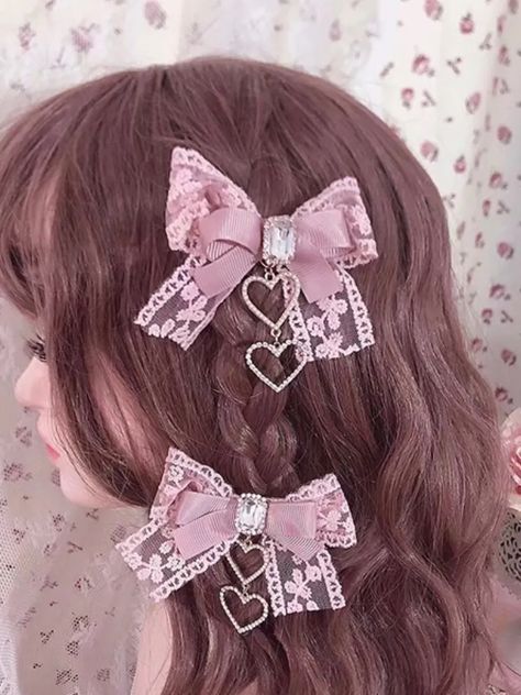 Heart Design Pink Jirai Kei Rhinestones Bowknot Hairclip Cute Heart Jewelry, Cute Pink Hair Accessories, Pink Heart Accessories, Pink Goth Accessories, Jirai Kei Accessories, Jirai Kei Hairstyles, Jirai Kei Hair, Pink Clothes Aesthetic, Cute Head Accessories