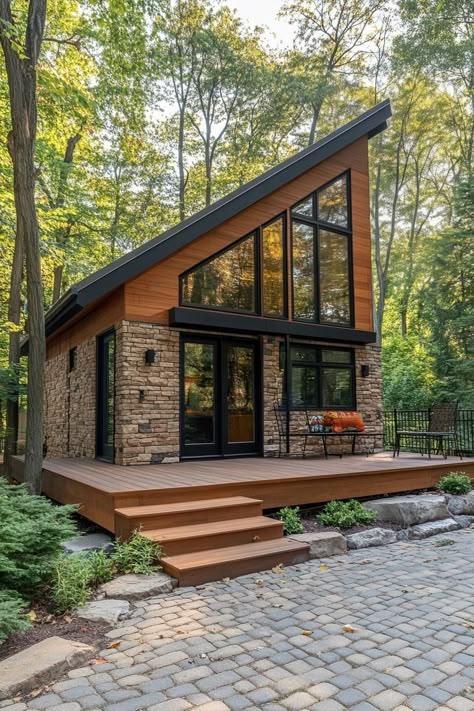 2 Level Tiny House, One Side Roof House Design, Stone Tiny House, Modern Tiny House Loft, Tiny House Big Windows, 3 Bed Tiny House, Tiny House 2 Floors, Modern Tiny House Design Floor Plans, Small Chalet Design