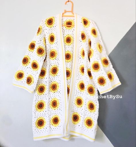 Crochet Sunflower Cardigan, Sunflower Cardigan, Crochet Sunflower, Sunflower Yellow, Yellow Cardigan, Granny Squares Pattern, Crochet Jacket, Yarn Art, Crochet Cardigan