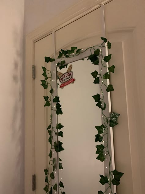 Vines Over Mirror, Vines On Door Bedroom, Vines On Mirror Bedroom, Dorm Mirror Decorations, Fake Vines Around Mirror, Cute Mirror Decor, Aethstetic Mirror, Door Mirror Ideas Decor Bedroom, Decorated Full Length Mirror