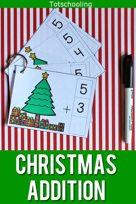 FREE printable Christmas themed math cards for addition practice. Perfect for kindergarten kids this holiday season! Math Worksheet Kindergarten, Kindergarten Math Assessment, Christmas Maths, Patterning Kindergarten, Christmas Science Activities, Free Classroom Printables, December Kindergarten, Free Educational Printables, Christmas Addition