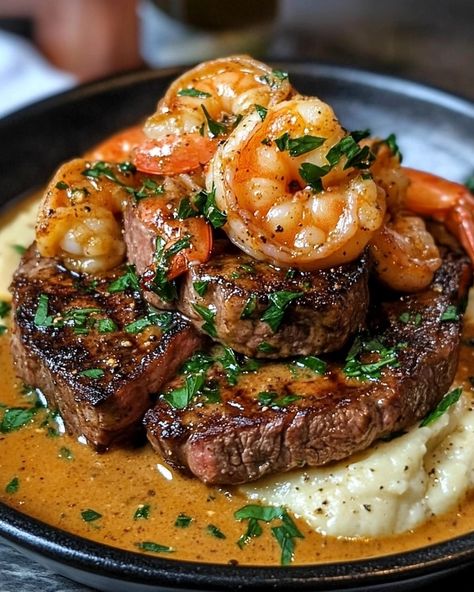 Steak with Creamy Cajun Shrimp Sauce: A Flavor Explosion! - Delicious Recipes - Easy Cooking Ideas and Tasty Dishes Shrimp Steak Kabobs, Meals With Yum Yum Sauce, Steak And Shrimp Sauce, Cajun Shrimp Cream Sauce, Steak With Shrimp Topping, Grilling Recipes For Two, Meal Ideas Steak, Steak And Shrimp Cajun Pasta, Shrimp Steak Topping