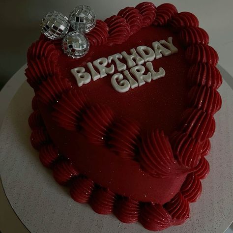 Heart Cake 19 Birthday, Birthday Cake For 21st Birthday, Birthday Cake With Disco Ball, Birthday 20th Ideas, Heart Cake With Disco Balls, Red Heart Cake Design, Red 21st Birthday Cake, Happy Birthday Heart Cake, 17 Birthday Cakes Ideas