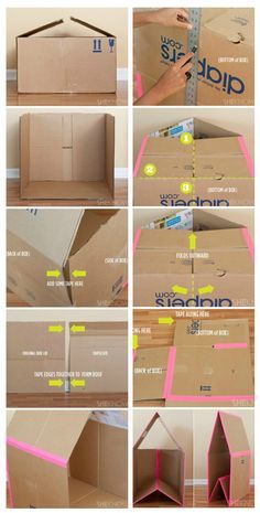 Easy to make cardboard playhouse // Turn a cardboard box into hours of entertainment for your little ones with this DIY collapsible playhouse. This cardboard playhouse was created, especially with small spaces in mind, because when the kids tire of it, the house collapses down flat for easy storage. Cardboard Box Houses, Perlengkapan Bayi Diy, Cardboard Play, Cardboard Playhouse, Carton Diy, Cardboard Houses, Cardboard Box Crafts, Cardboard Toys, Diy Bebe