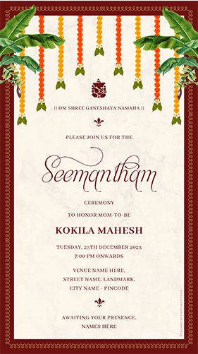 Traditional Indian Seemantham Invitation Card Online Sreemantham Invitation Templates, Indian Seemantham Invitation, Seemantham Invitation Card Traditional, God Bharai Invitation, Seemantham Invitation Card Template, Tamil Invitation Cards, Traditional Invitation Templates, Sreemantham Invitation Card, Baby Shower Invitation Cards Indian