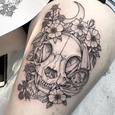 1,235 Likes, 3 Comments - Johno (@johno_tattooer) on Instagram: “Cat Skull and Raspberries + little Bat buddy hanging out +++ thanks Kayla #johnotattooer…” Bird Skull Tattoo, Cat Skull Tattoo, Cat Face Tattoos, Gotik Tattoo, Skull Tattoo Flowers, Skull With Flowers, Mushroom Tattoos, Crow Tattoo, Skeleton Tattoos