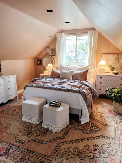 Bedroom Decor Attic Room, Bedroom A Frame Ceiling, Girly Attic Bedroom, Peaked Roof Bedroom, Angles Ceiling Bedroom, Attic Bedroom Conversion, Cozy Slanted Ceiling Bedroom, Bedroom With Triangle Ceiling, Cape Cod House Interior Ideas Bedroom