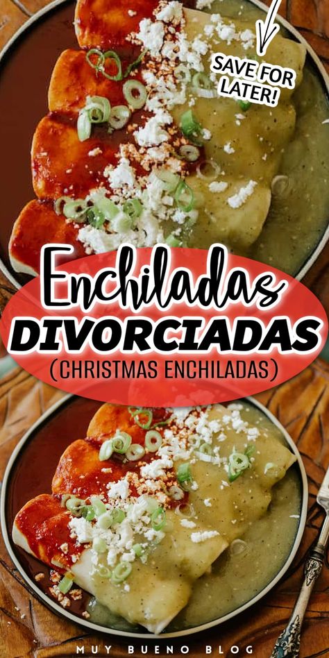 Enchiladas divorciadas, also known as Christmas enchiladas, are packed with flavor and great for an easy lunch or dinner. These enchiladas are made with red chile sauce, roasted tomatillo salsa, tortillas, Queso Oaxaca, chicken, queso fresco, and more ingredients. Christmas enchiladas are perfect for your next lunch or dinner during the fall and winter holiday season. Try this easy recipe today! Christmas Food Ideas Mexican, Red And Green Dinner Christmas, Chile Relleno Enchiladas, Winter Mexican Food, Mexican Christmas Dinner Ideas, Christmas Mexican Food, Mexican Food For Christmas, Traditional Mexican Christmas Food, Christmas Enchiladas