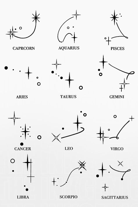 Star zodiac signs for tattoo ideas! Tattoo Ideas For Zodiac Signs, Zodiac Sign Back Tattoo, Tattoo According To Zodiac Sign, May Zodiac Sign Tattoo, Zodiac Sign Hand Tattoo, Celestial Zodiac Tattoo, Tattoo For Zodiac Sign, September Star Sign Tattoo, November Sign Tattoo