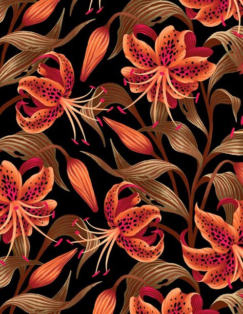 Orange Tiger Lily flowers repeating pattern with brown leaves on black background Tiger Lily Illustration, Floral Textile Prints Design, Tiger Pattern Design, Tiger Lily Aesthetic, Tiger Lily Wallpaper, Floral Textile Prints, Tiger Lily Tattoo, Orange Tiger Lily, Dark Maximalism